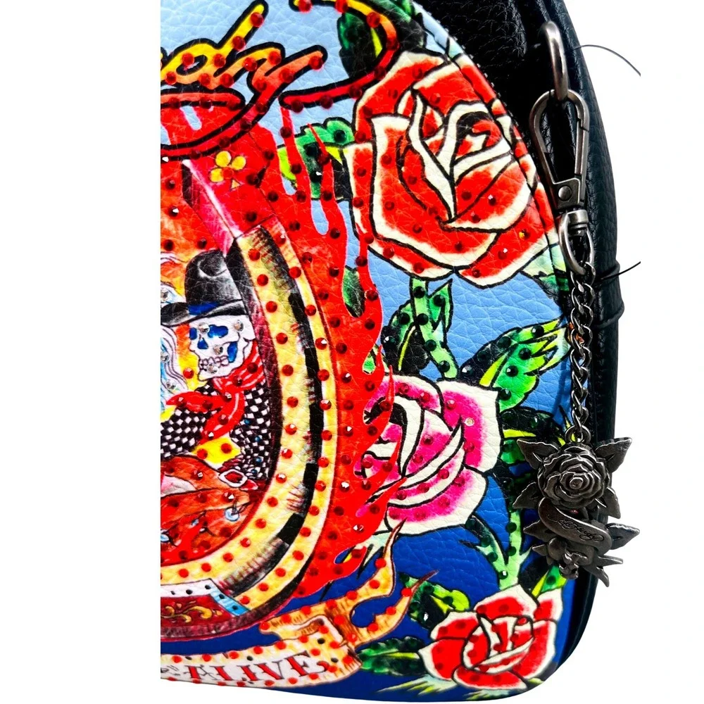 Ed Hardy Studded Mini Backpack Black Skull Horse Roses Tattoo‎ Art Y2K NWT